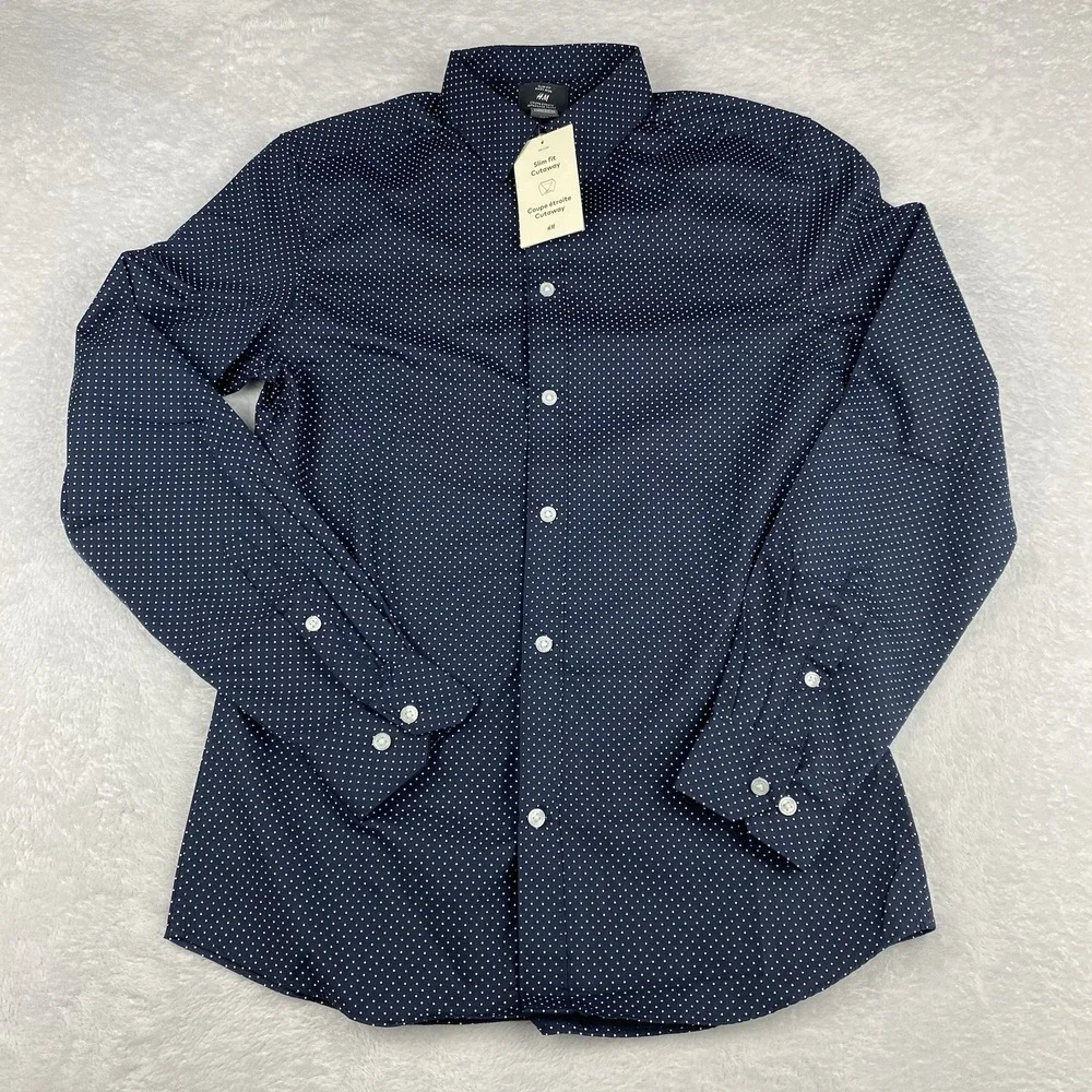 H&M Dress Shirt Mens Small Navy Blue w/White Dots Slim Fit Easy Iron NWT!